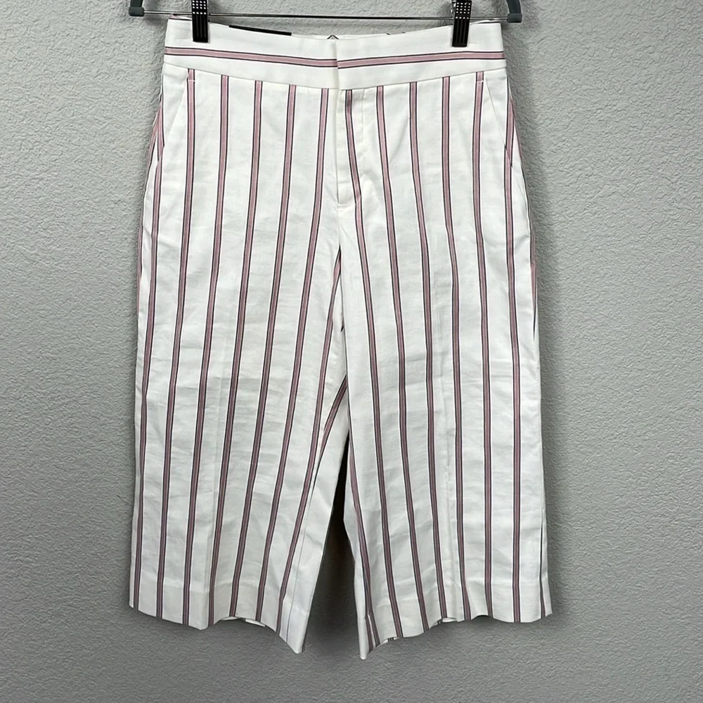 NWT Banana Republic High Rise Wide Leg Crop Pants Linen Blend White Red Stripe